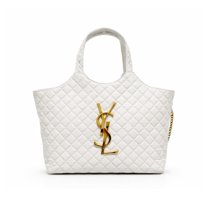 Saint Laurent Icare Shopping Bag In Quilted Gold Hardware White 40Cm