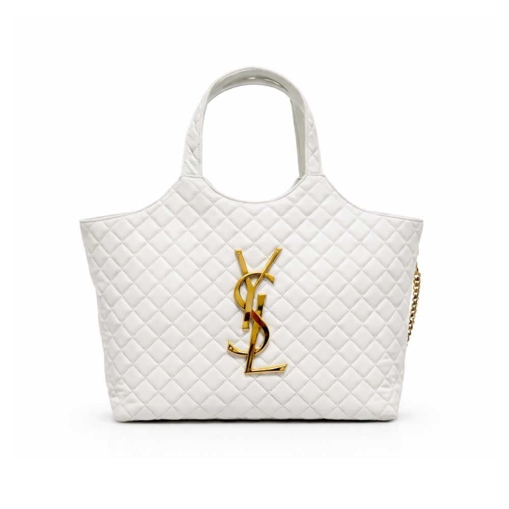 Saint Laurent Icare Shopping Bag In Quilted Gold Hardware White 40Cm