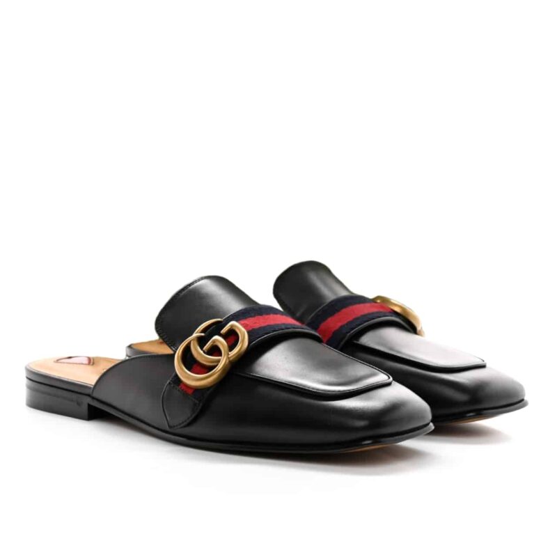 GUCCI WOMEN’S PRINCETOWN SLIPPER DOUBLE G BLACK LEATHER 423694 DKHC0 1061