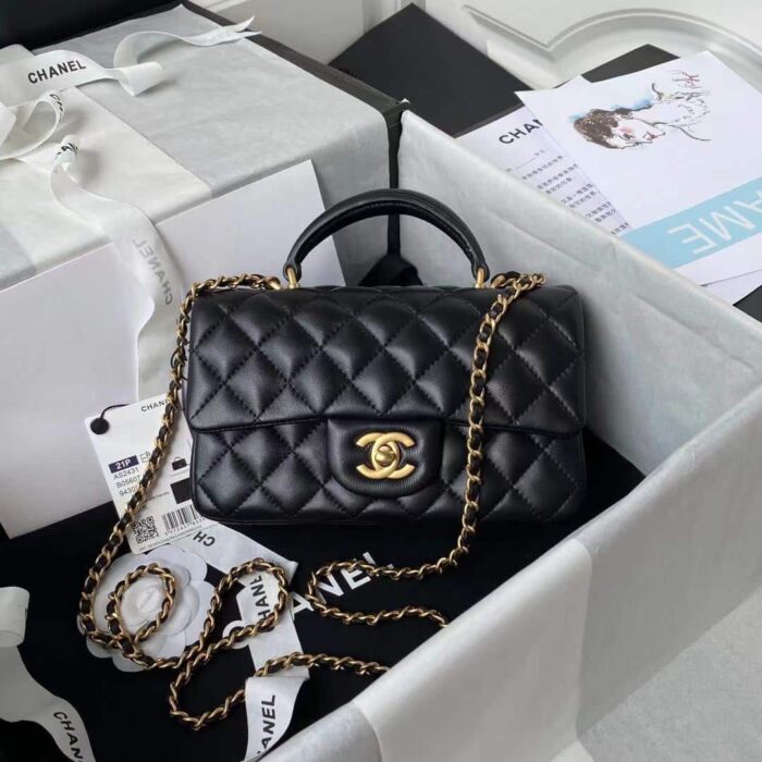 Alternative view of CHANEL MINI FLAP BAG WITH TOP HANDLE GOLD HARDWARE BLACK 20CM AS2431 B05810 94305