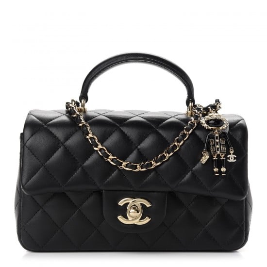CHANEL LION CHARM TOP HANDLE FLAP BAG 20CM BLACK AS2431
