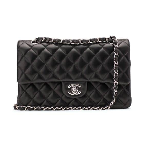 CHANEL SMALL CLASSIC FLAP BAG BLACK LEATHER WITH SILVER HARDARE 25CM A01113 Y01480 94305