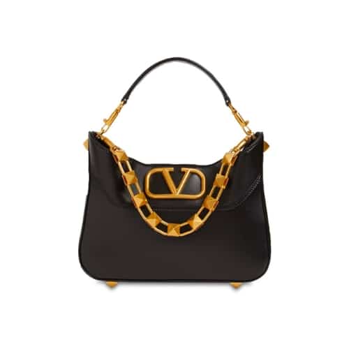 VALENTINO GARAVANI SMALL STUD SIGN LEATHER HOBO BAG IN BLACK