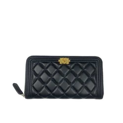 CHANEL BOY LONG ZIPPED WALLET WITH GOLD HARDWARE BLACK 19.4CM