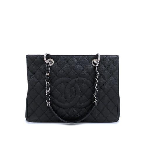 CHANEL GRAND SHOPPING TOTE BAG BLACK CAVIAR SILVER TONE CHAIN 34CM