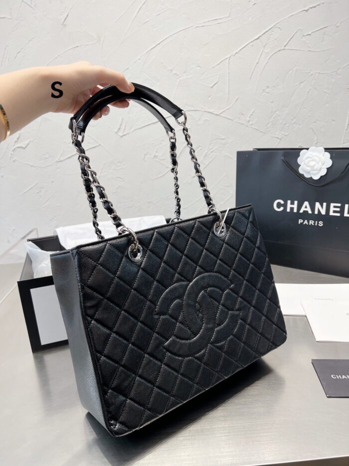 Alternative view of CHANEL GRAND SHOPPING TOTE BAG BLACK CAVIAR SILVER TONE CHAIN 34CM