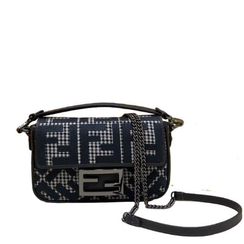 FENDI BAGUETTE BLACK HOUNDSTOOTH WOOL BAG WITH FF EMBROIDERY 19CM