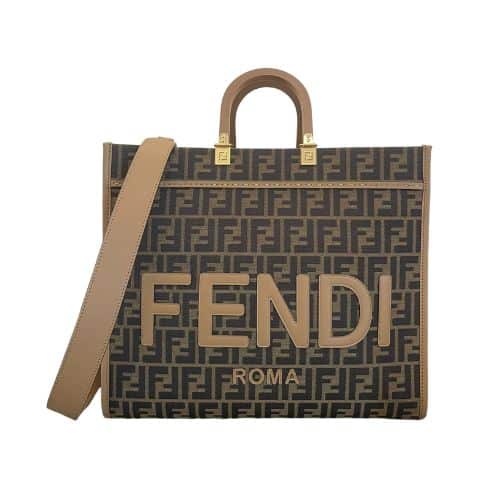 FENDI SUNSHINE LARGE LIGHT BROWN FF JACQUARD FABRIC SHOPPER 35CM