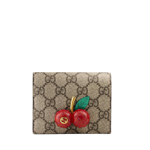 GUCCI SUPREME CANVAS CARD CASE WALLET WITH CHERRIES BLACK LEATHER INSIDE 10CM 476050