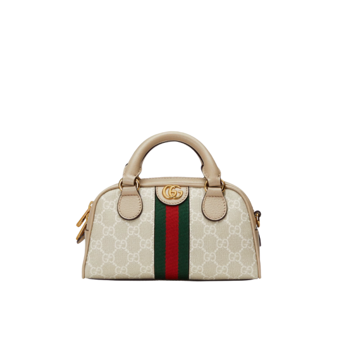 GUCCI WOMEN'S METALLIC OPHIDIA GG TOP HANDLE BAG BEIGE AND WHITE 32CM 724606 FABEX 9642
