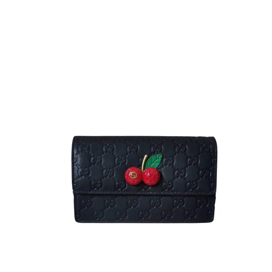 GUCCI GUCCISSIMA LEATHER MINI CHERRY CHAIN SHOULDER BAG BLACK 20CM