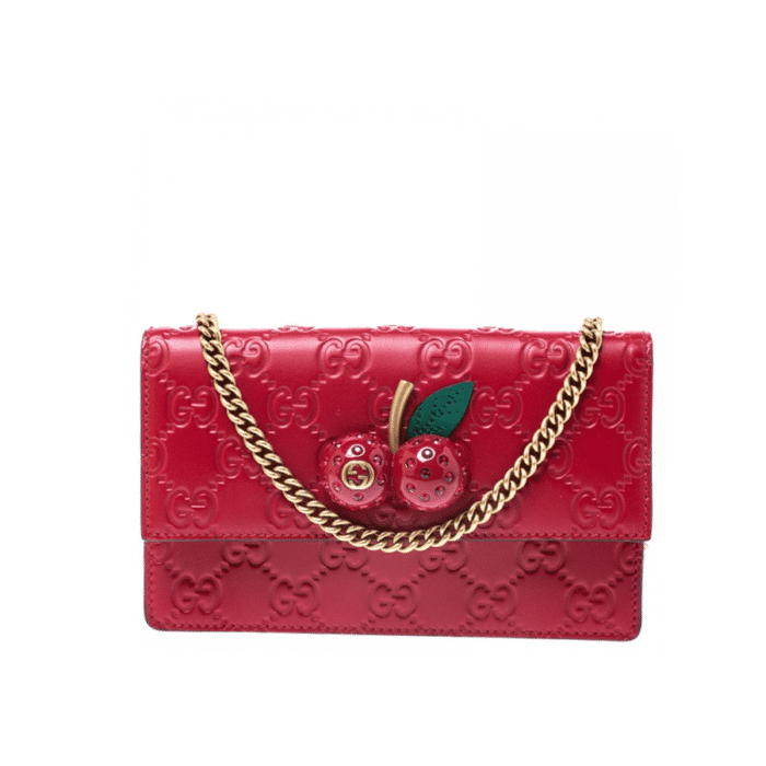 GUCCI GUCCISSIMA LEATHER MINI CHERRY CHAIN SHOULDER BAG RED 20CM