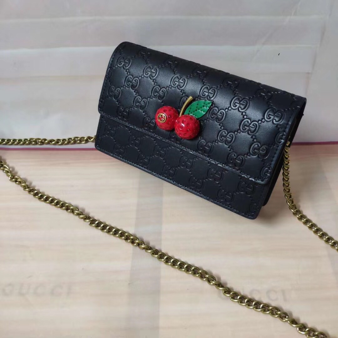 GUCCI GUCCISSIMA LEATHER MINI CHERRY CHAIN SHOULDER BAG BLACK 20CM - Image 7