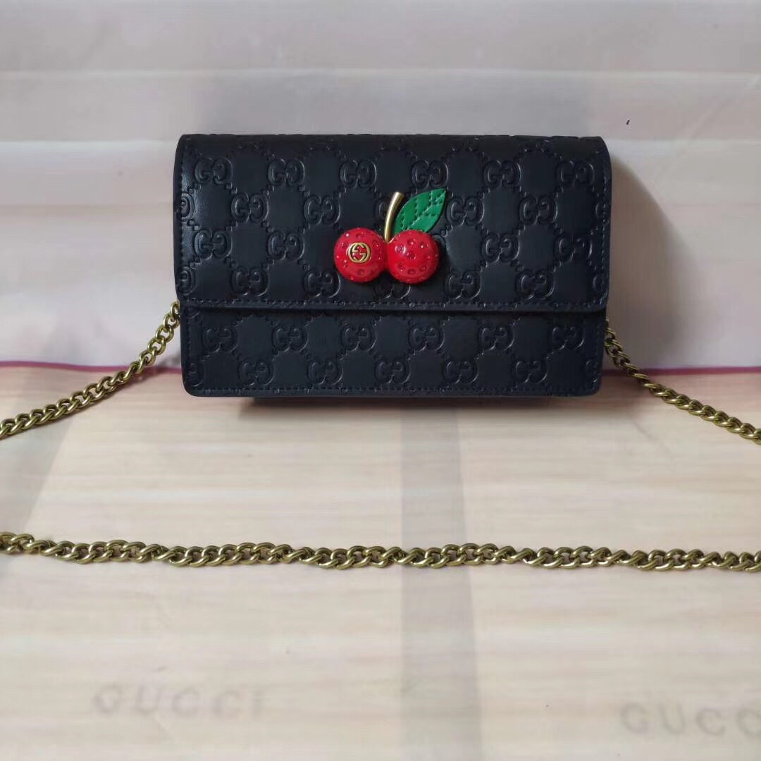 GUCCI GUCCISSIMA LEATHER MINI CHERRY CHAIN SHOULDER BAG BLACK 20CM - Image 9