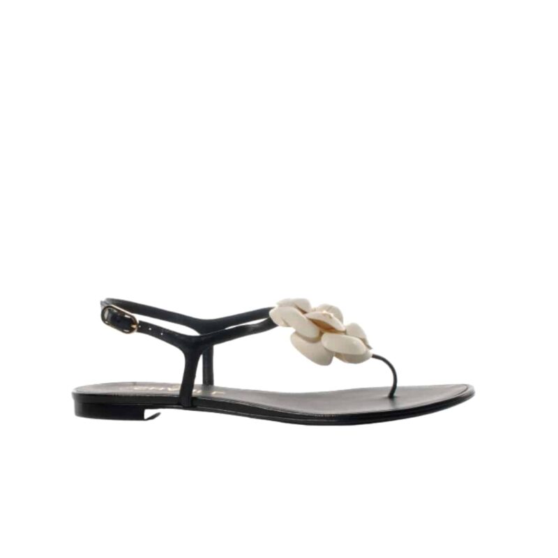 CHANEL JELLY WHITE RUBBER CAMELLIA CC LOGO SANDALS BLACK