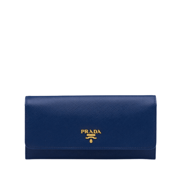 PRADA SAFFIANO LEATHER FLAP LONG WALLET NAVY BLUE AND GOLD 19CM 1MH132 ZLP F0RAU