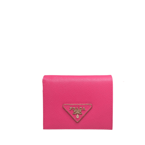 PRADA SMALL SAFFIANO LUX LEATHER FLAP CONTINENTAL TRIANGLE DARK PINK WALLET 10CM