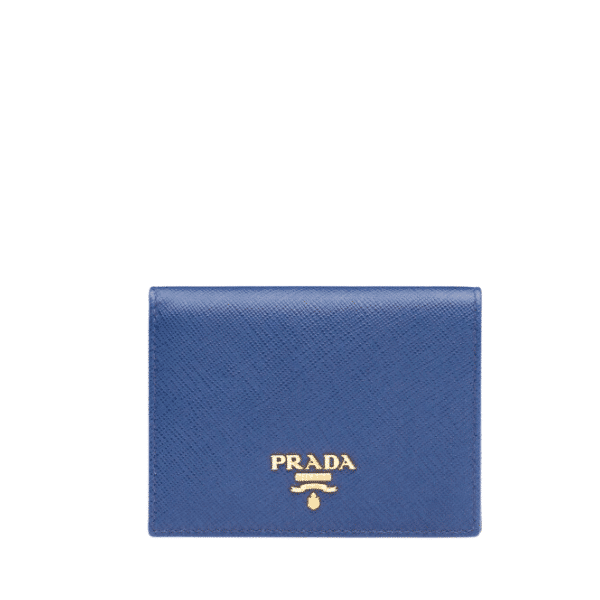 PRADA SAFFIANO LEATHER FLAP SMALL WALLET BLUETTE AND GOLD 10CM 1MV204 QWA F0016