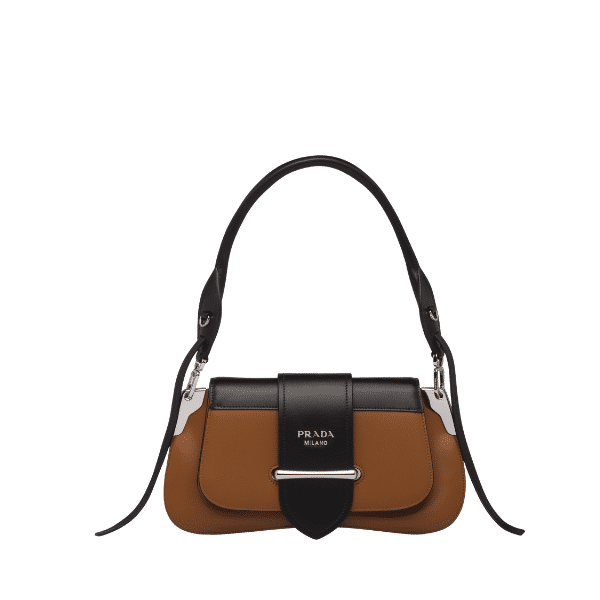 PRADA CITY CALFSKIN SIDONIE SHOULDER BAG BROWN AND BLACK 28CM 1BD168