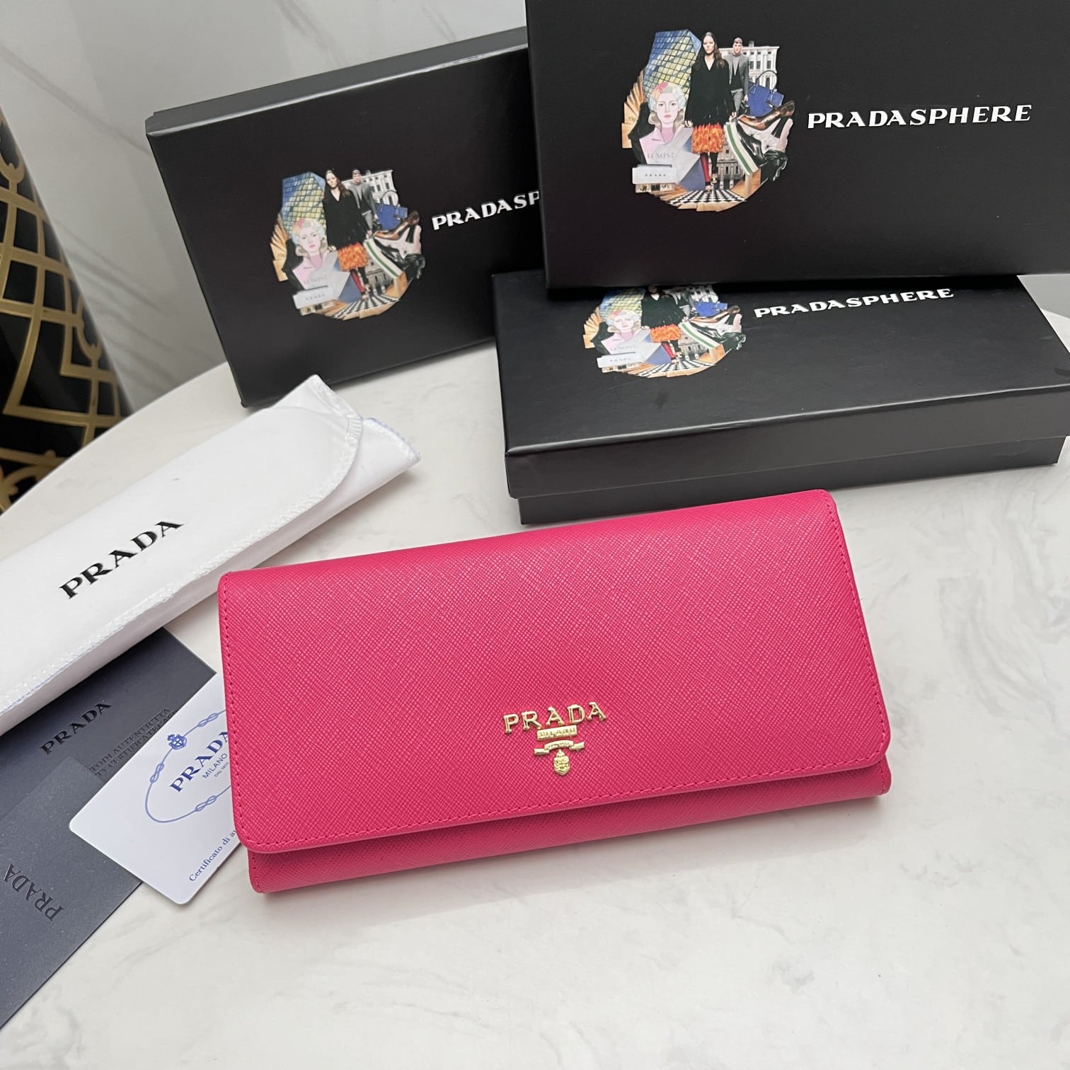 PRADA SAFFIANO LEATHER FLAP LONG WALLET DARK PINK AND GOLD 19CM 1MH132 ZLP F061H - Image 10
