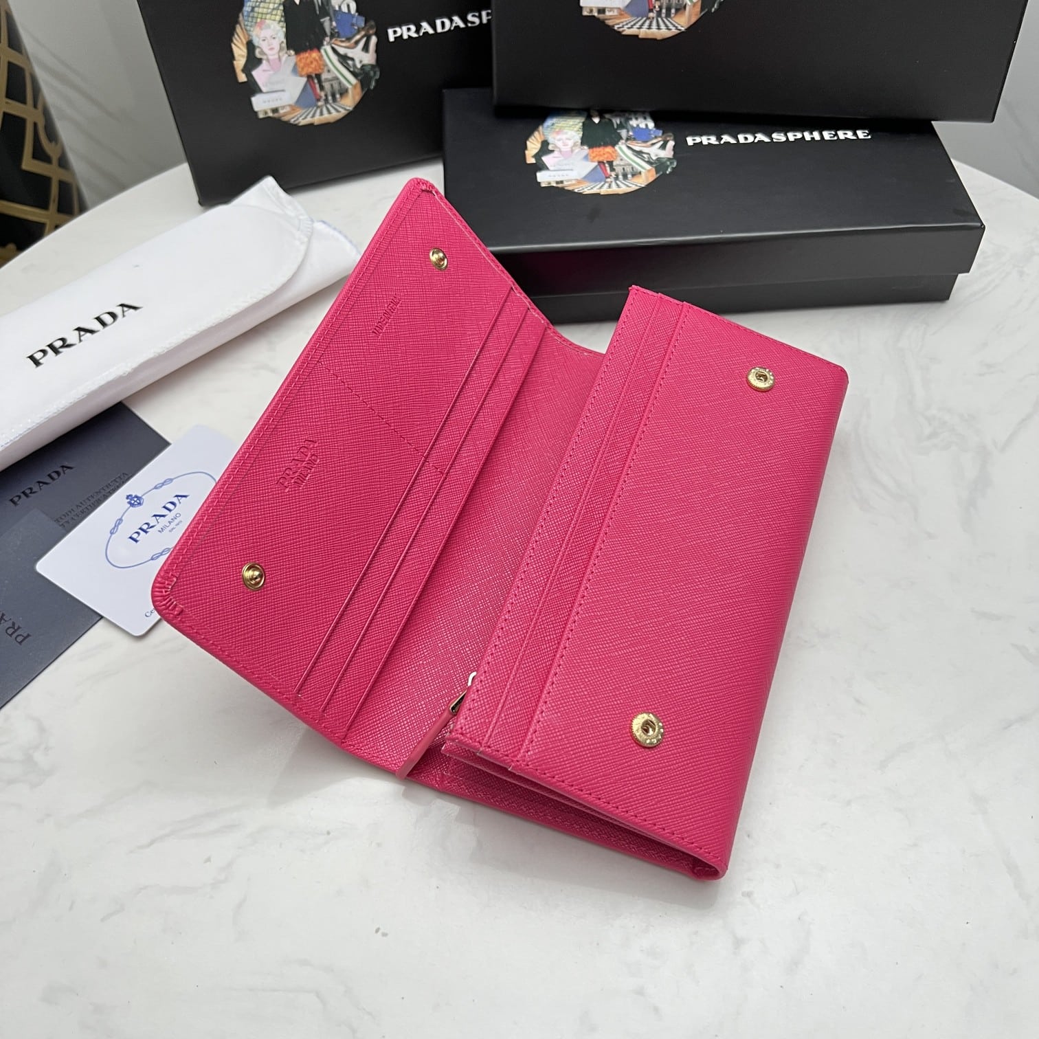 PRADA SAFFIANO LEATHER FLAP LONG WALLET DARK PINK AND GOLD 19CM 1MH132 ZLP F061H - Image 2