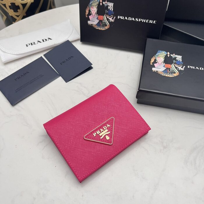 Alternative view of PRADA SMALL SAFFIANO LUX LEATHER FLAP CONTINENTAL TRIANGLE DARK PINK WALLET 10CM