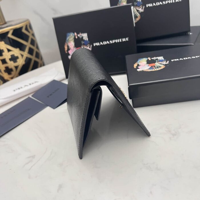 Alternative view of PRADA SMALL SAFFIANO LUX LEATHER FLAP CONTINENTAL TRIANGLE BLACK WALLET 10CM