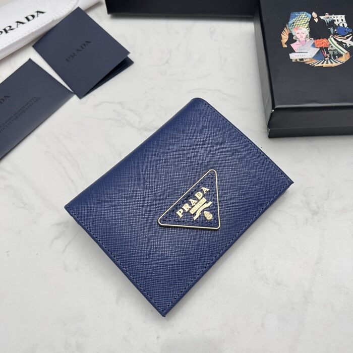 Alternative view of PRADA SMALL SAFFIANO LUX LEATHER FLAP CONTINENTAL TRIANGLE NAVY BLUE WALLET 10CM