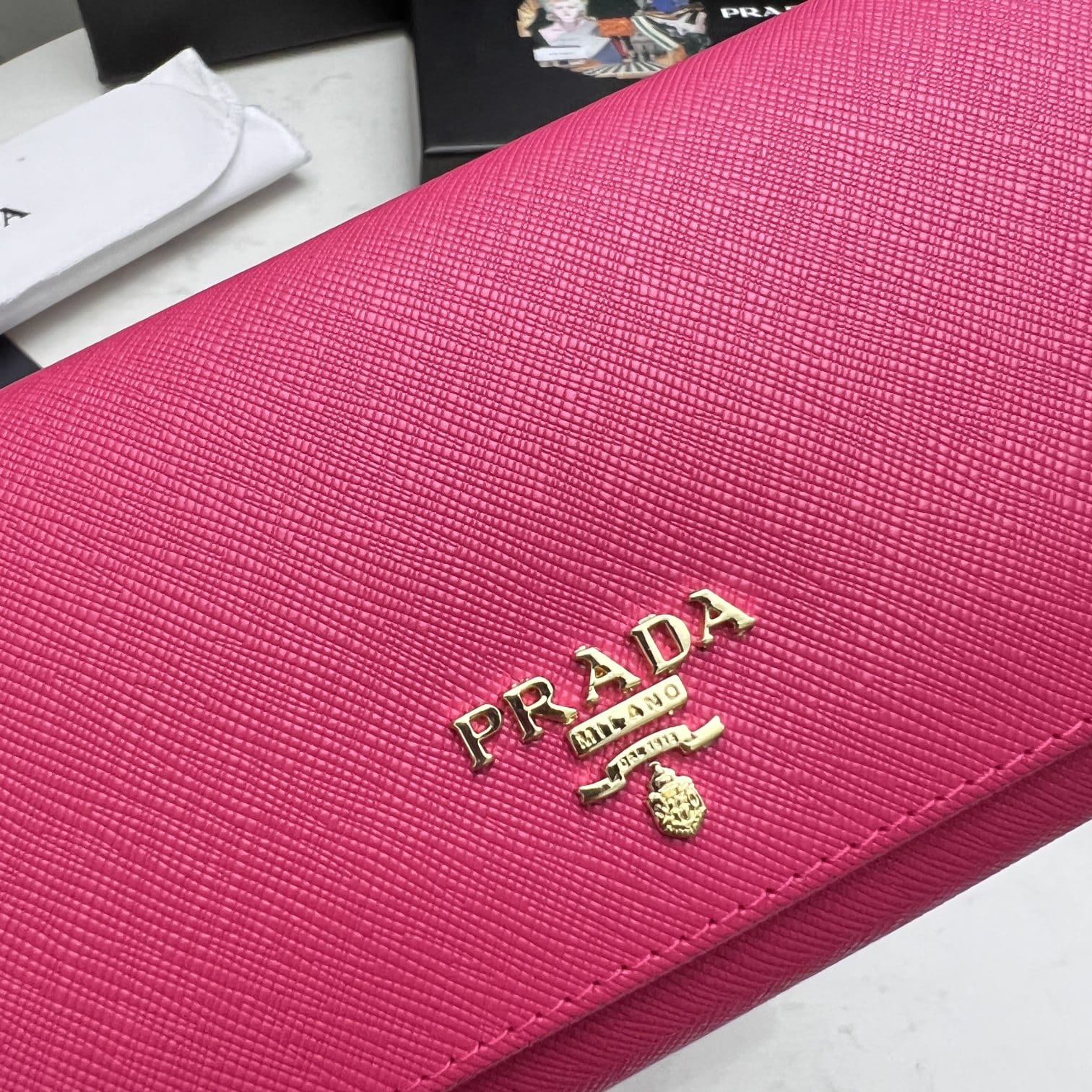 PRADA SAFFIANO LEATHER FLAP LONG WALLET DARK PINK AND GOLD 19CM 1MH132 ZLP F061H - Image 7