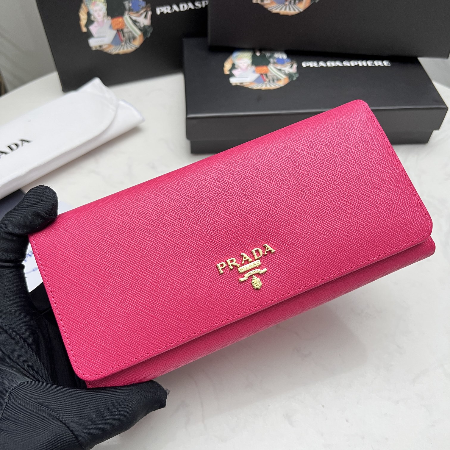 PRADA SAFFIANO LEATHER FLAP LONG WALLET DARK PINK AND GOLD 19CM 1MH132 ZLP F061H - Image 8
