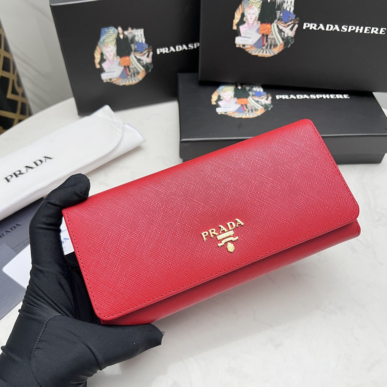 PRADA SAFFIANO LEATHER FLAP LONG WALLET RED AND GOLD 19CM 1MH132 ZLP F0RAU - Image 8