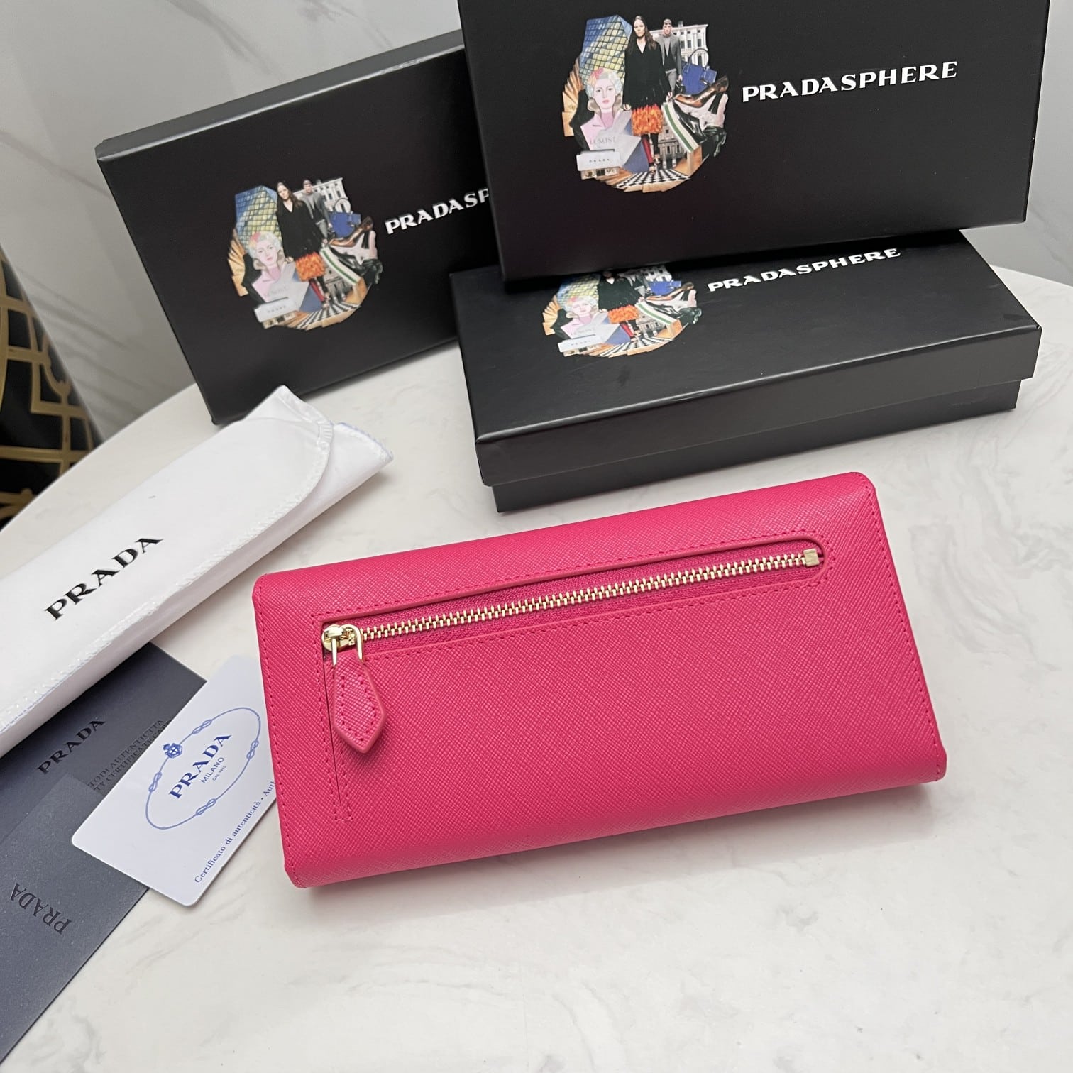 PRADA SAFFIANO LEATHER FLAP LONG WALLET DARK PINK AND GOLD 19CM 1MH132 ZLP F061H - Image 9