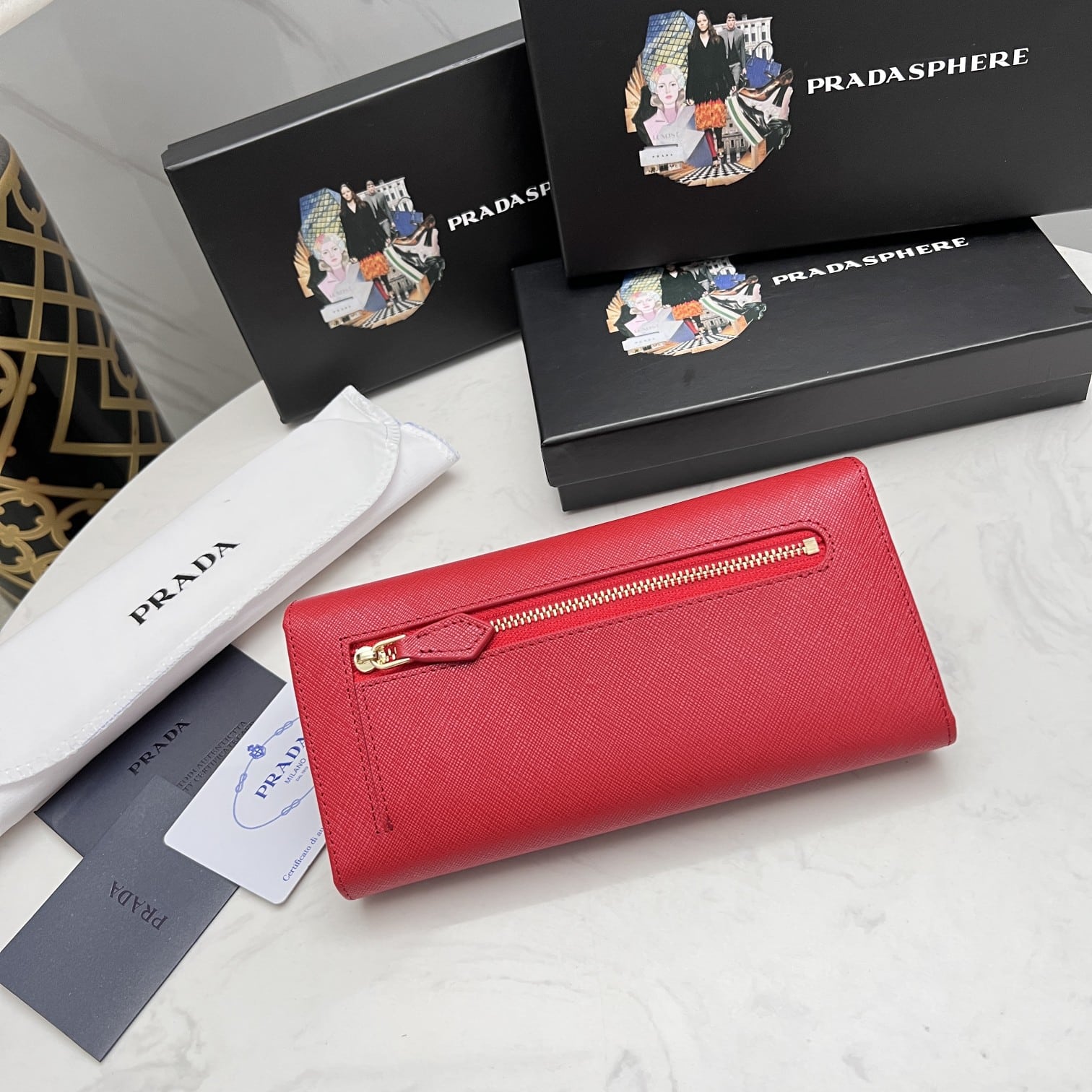 PRADA SAFFIANO LEATHER FLAP LONG WALLET RED AND GOLD 19CM 1MH132 ZLP F0RAU - Image 9