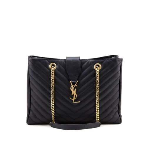 SAINT LAURENT BLACK GRAIN DE POUDRE MATELASSE CHEVRON MONOGRAM SHOPPING BAG GOLD HARDWARE