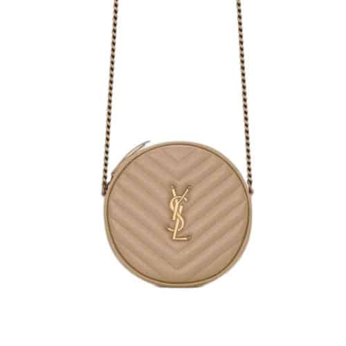 SAINT LAURENT VINYLE ROUND CAMERA BAG IN CHEVRON QUILTED GRAIN DE POUDRE EMBOSSED LEATHER 18CM 6104361GF072721