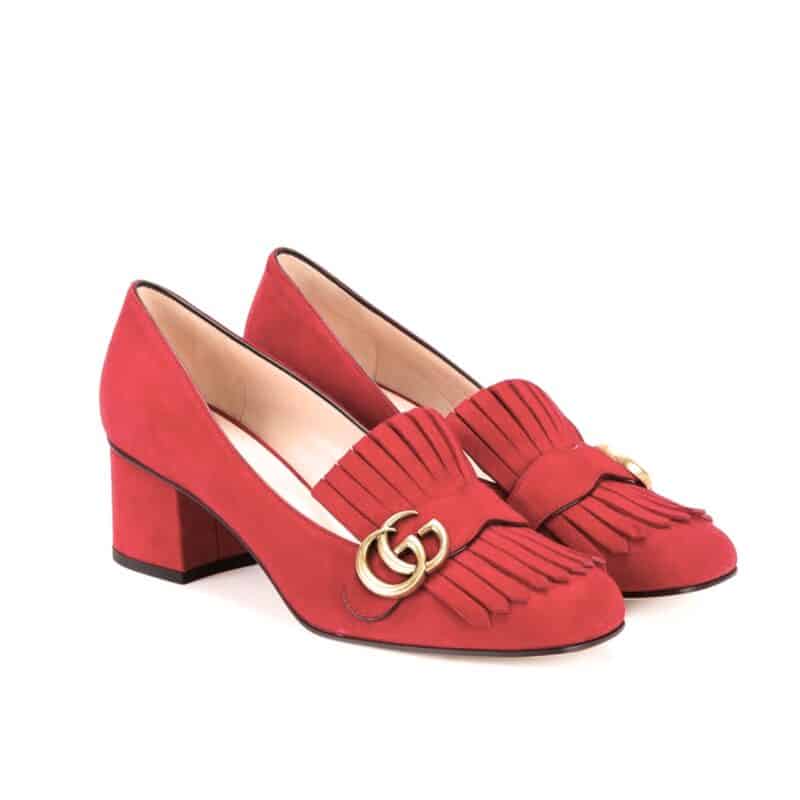 GUCCI MARMONT FRINGE SUEDE 55MM LOAFER RED FROM NEIMAN MARCUS