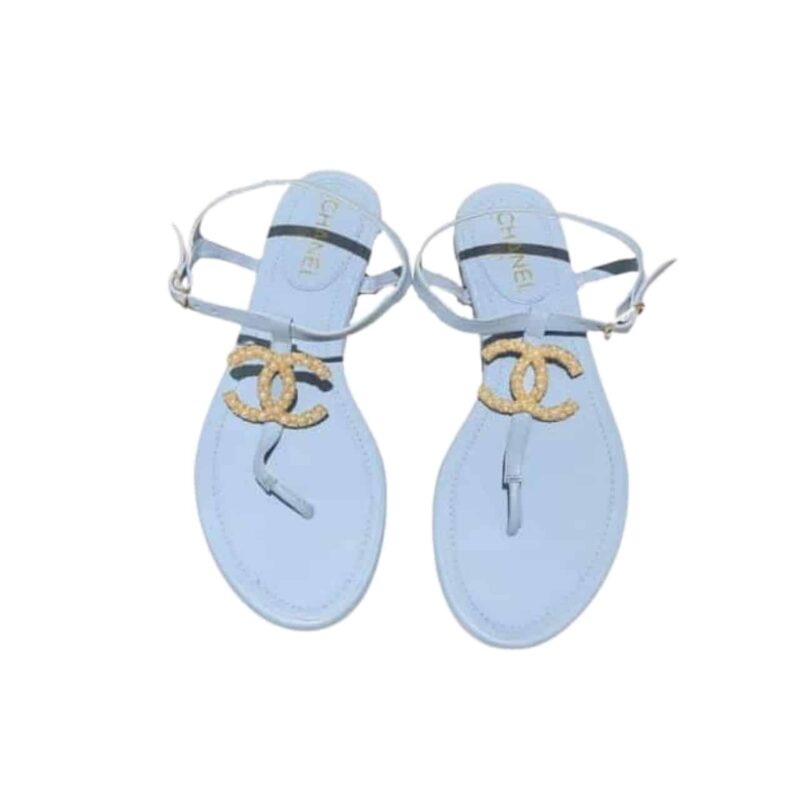 CHANEL GOLD PEARL CC LOGO THONG SANDALS LIGHT BLUE