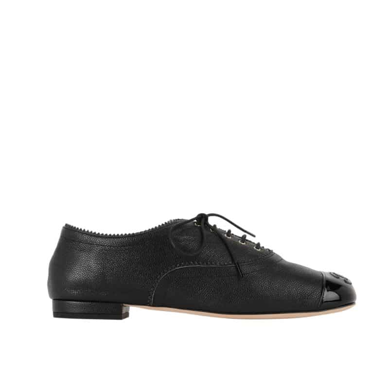 CHANEL CC LOGO CAP TOE LEATHER OXFORDS LOAFERS BLACK