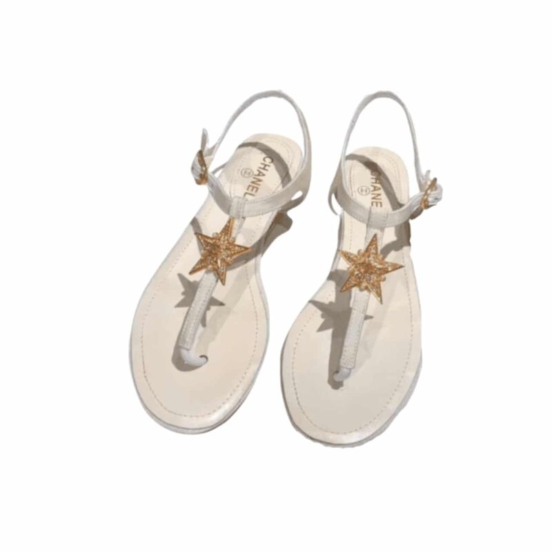 CHANEL CRYSTAL PEARL THONGS WHITE SANDALS WITH GOLD STAR