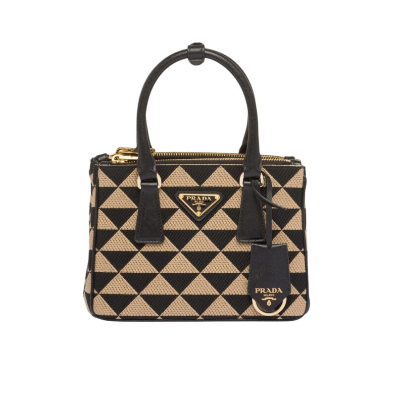 PRADA GALLERIA MINI BAG IN EMBROIDERED JACQUARD BLACK AND BEIGE 20CM 1BA906 2FKL F0Y30 V XOM
