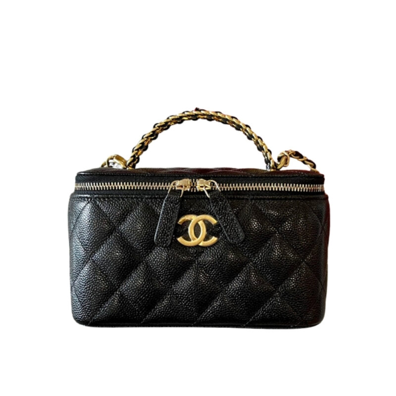 CHANEL TOP HANDLE LONG VANITY CASE WITH CHAIN BLACK 17CM
