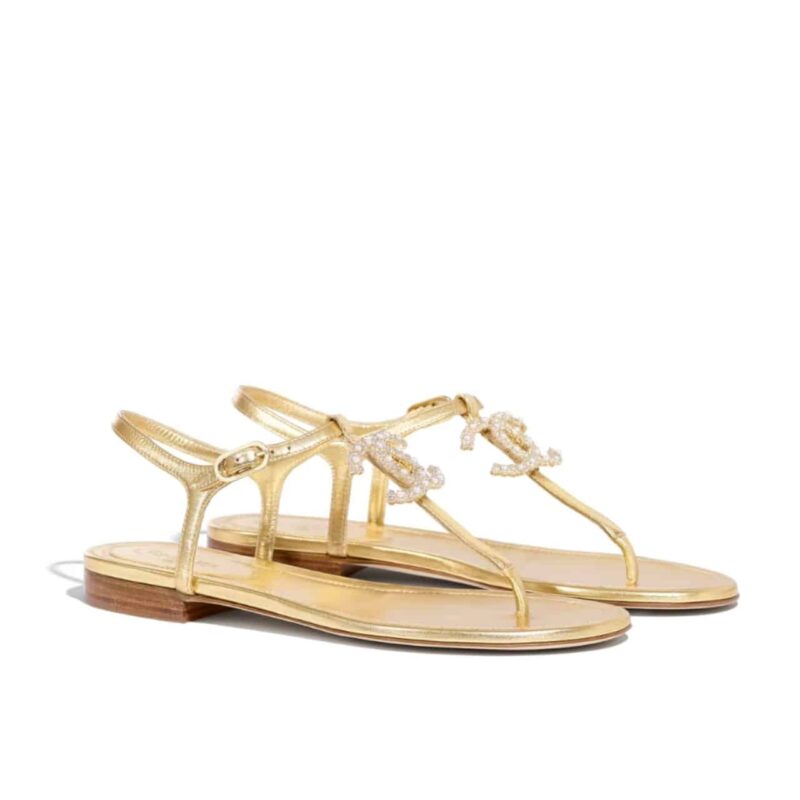 CHANEL GOLD PEARL CC LOGO THONG SANDALS GOLDEN