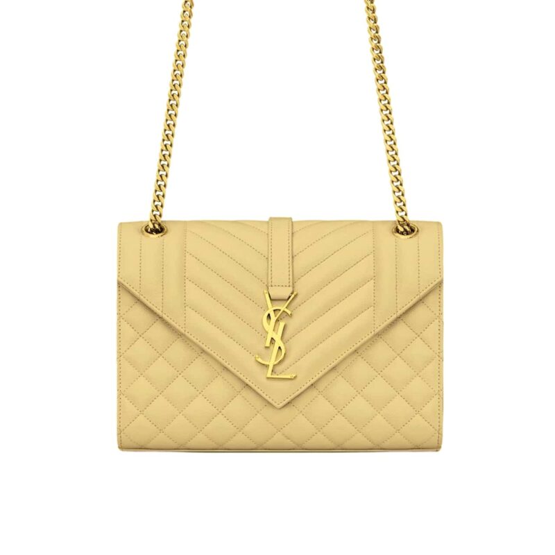 SAINT LAURENT ENVELOPE MEDIUM IN QUILTED GRAIN DE POUDRE EMBOSSED LEATHER BAG BEIGE 24CM 600185BOW912721
