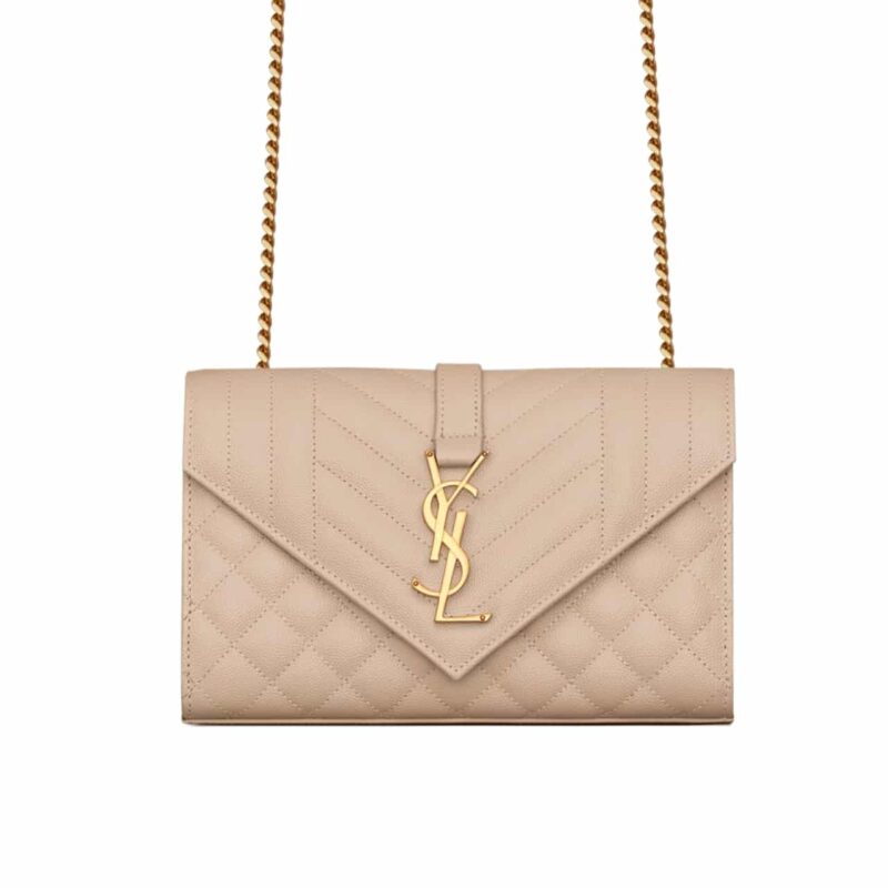 SAINT LAURENT ENVELOPE SMALL IN QUILTED GRAIN DE POUDRE EMBOSSED LEATHER BEIGE 21CM 600195BOW912721