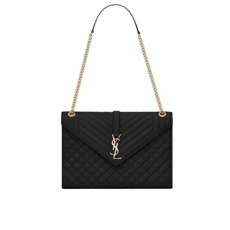 SAINT LAURENT ENVELOPE LARGE BAG IN MIX MATELASSÉ GRAIN DE POUDRE EMBOSSED BLACK GOLD 31CM 600166BOW911000