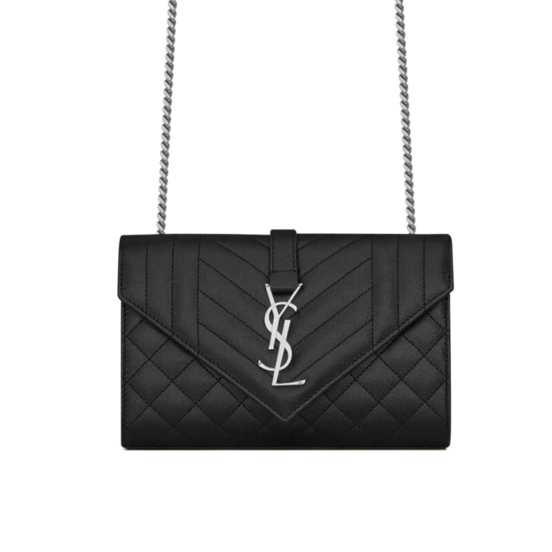 SAINT LAURENT ENVELOPE SMALL IN QUILTED GRAIN DE POUDRE EMBOSSED LEATHER BLACK SILVER 21CM 600195BOW921000