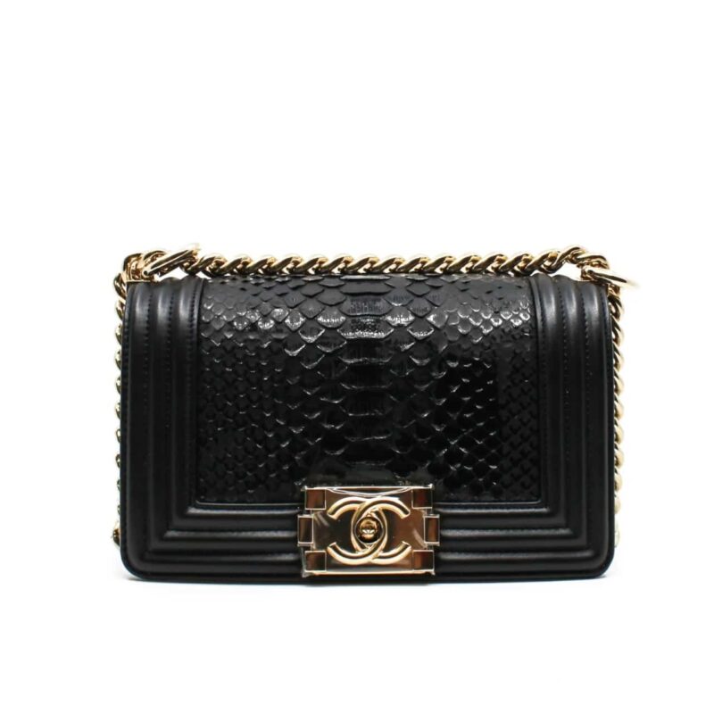 CHANEL BOY FLAP BAG SNAKE LEATHER BLACK 25CM