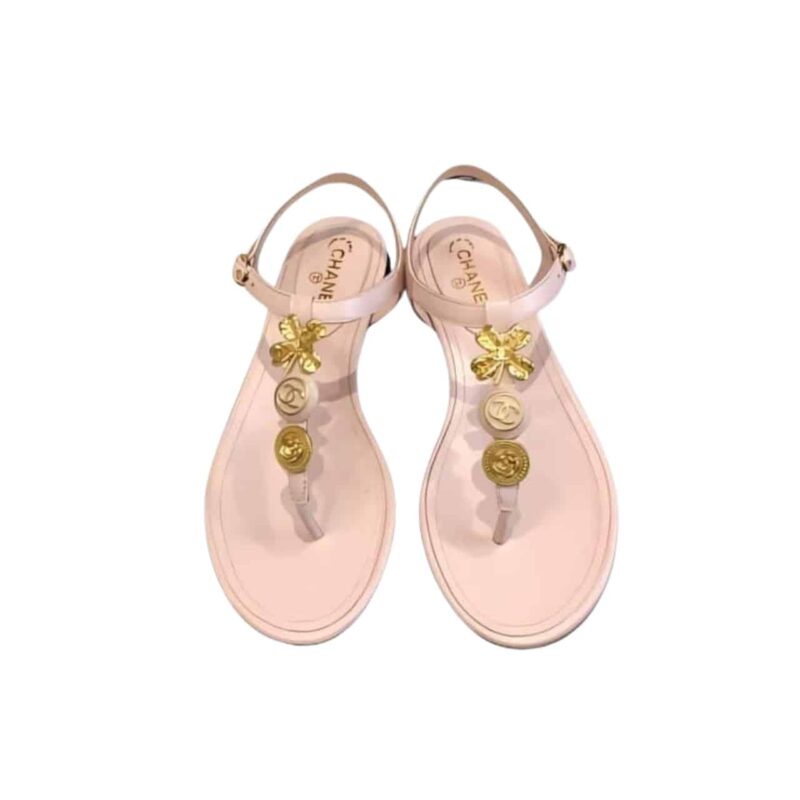 CHANEL CAMELLIA THONGS SANDALS WITH GOLD LEAF CLOVER PINK