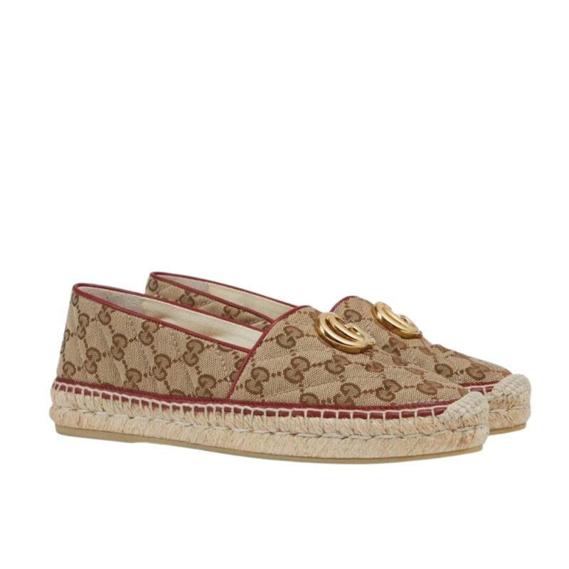 GUCCI WOMEN’S ESPADRILLE WITH HORSEBIT MATELASSÉ CANVAS BROWN CHERRY RED 621239 KQWM0 9761