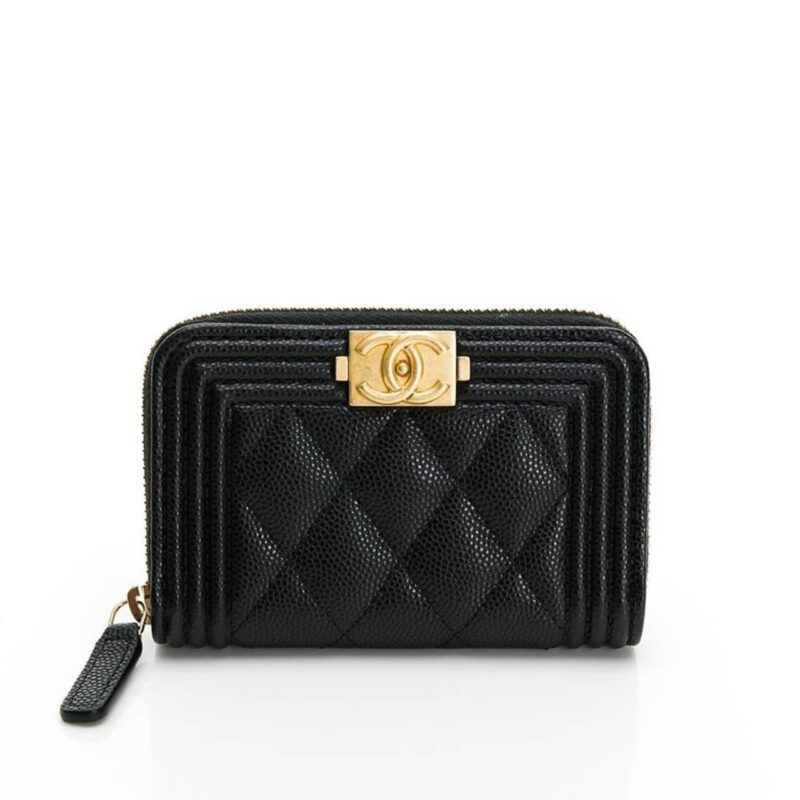 CHANEL BOY ZIPPED COIN BLACK GOLD PURSE A80602 Y07659 94305